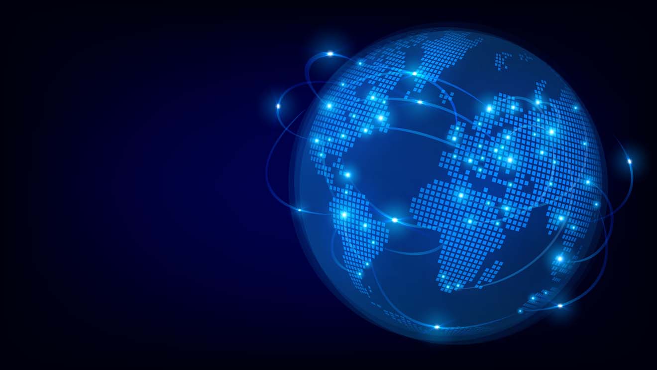 The glowing planet Earth on a black background, the concept of the Internet, world communication, technology and travel